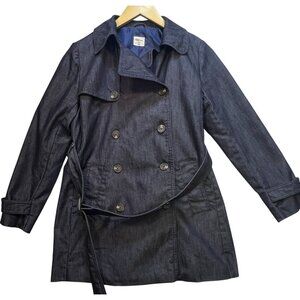 Gap 1969 Womens Belted Trench Coat Double Breasted Denim Size XS Dark Blue Rinse